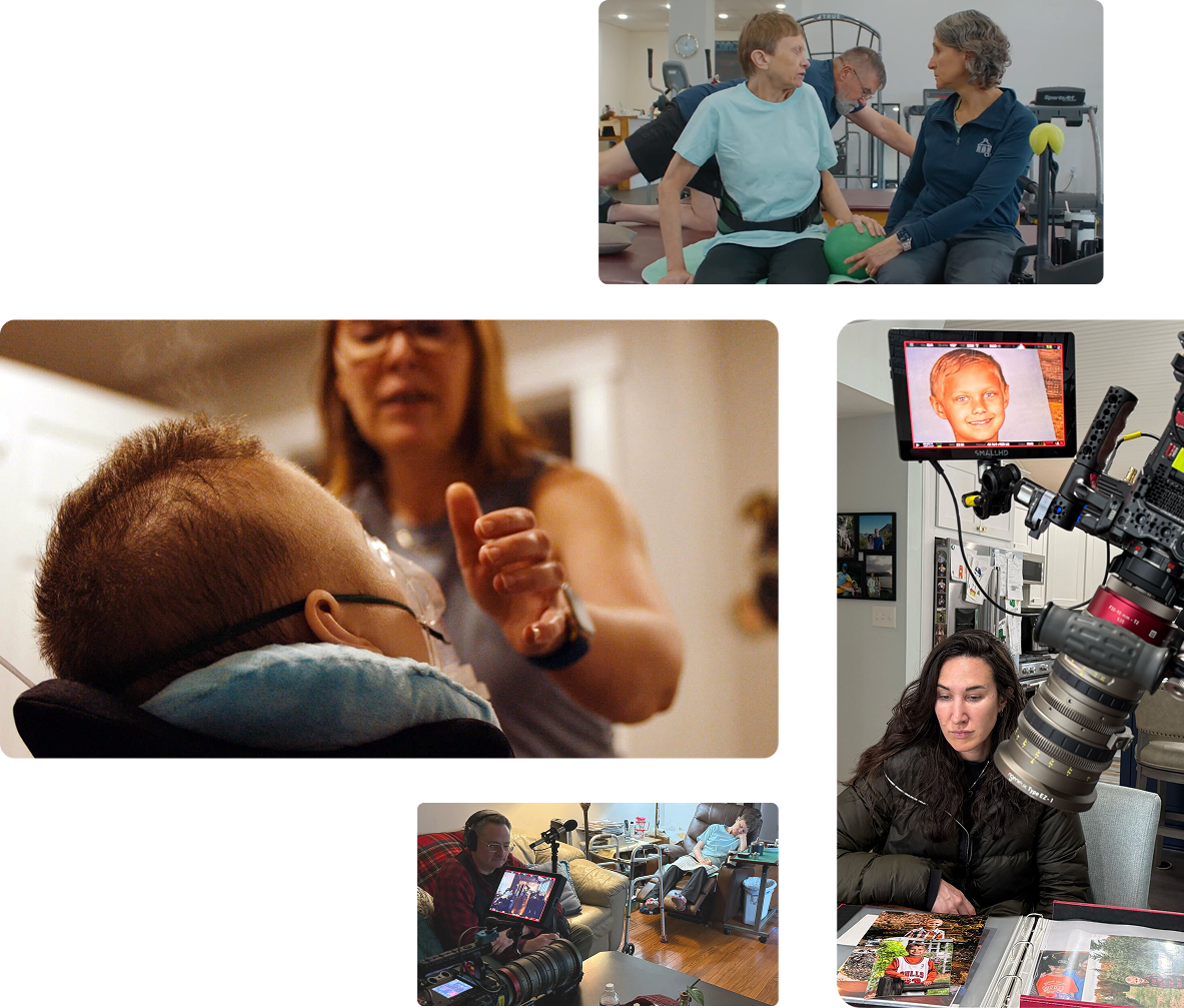 Behind-the-scenes video production images showing patient and caregiver interview moments